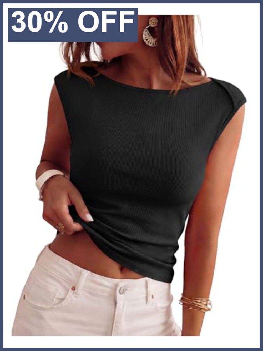 Women's Ribbed Tank Top Slim Fit Ruched Waist Boat Neck Cap Sleeve Summer